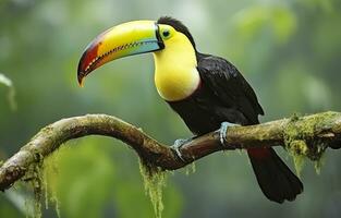 castaño mandibulado tucán sentado en el rama en tropical lluvia con un verde selva. generativo ai foto