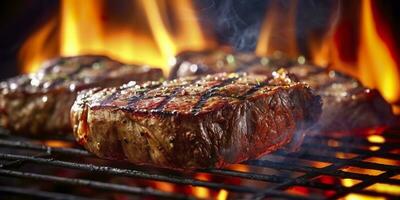 Beef ribeye steak grilling on a flaming grill. Generative AI photo