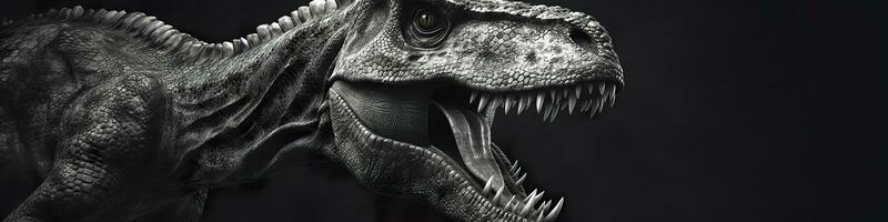 Black and white photorealistic studio portrait of a Tyrannosaurus Rex on black background. Generative AI photo