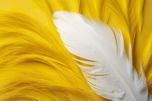 Close up of bright white feather. Copy space, yellow background. Fashion and Party concept. AI Generative photo