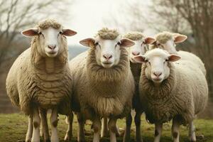 un grupo de oveja en pie al aire libre. generativo ai foto