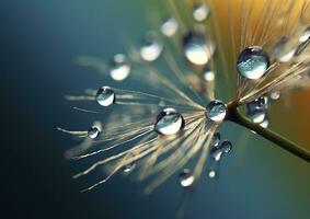 Beautiful dew drops on a dandelion seed macro. Beautiful blue background. Generative AI photo