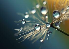 hermosa Rocío gotas en un diente de león semilla macro. hermosa azul antecedentes. generativo ai foto