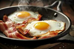 Bacon and eggs in a pan. Composition with tasty fried eggs and bacon on wooden table. AI Generative photo