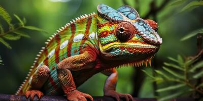 A colorful close up chameleon with a high crest on its head. Generative AI photo