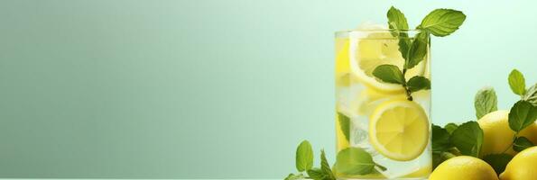 Lemonade in a glass with fresh lemons and mint. Cold summer drink with copy space. Generative AI photo