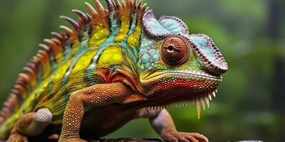 A colorful close up chameleon with a high crest on its head. Generative AI photo