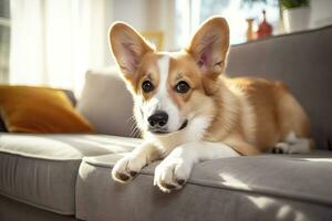 Beautiful, smart, calm purebred corgi dog lying on on sofa in living room. Generative AI photo