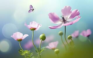 Fresco primavera Mañana en naturaleza y revoloteando mariposas en un suave verde antecedentes. generativo ai foto