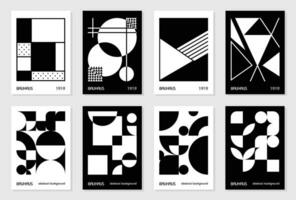 Set of 8 minimal vintage 20s geometric design posters, wall art, template, layout with primitive shapes elements. Bauhaus retro pattern background, vector abstract circle, triangle and square line art