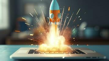 A small rocket takes off from a Laptop with vibrant color combinations in light sky blue and light gray colors for a website, business, and financial success concepts.  AI Generative photo