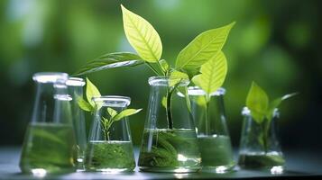 Biotechnology concept with green plant leaves, laboratory glassware, and conducting research, illustrating the powerful combination of nature and science in medical advancements.  AI Generative photo