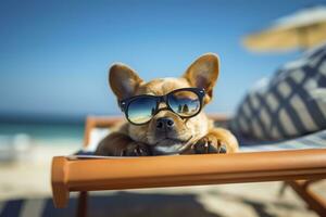 Dog Puppy wearing sunglasses, lying on a sunbed to sunbath at the beach sea on summer vacation, holidays. Funny concept. AI Generative photo