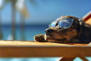 Dog Puppy wearing sunglasses, lying on a sunbed to sunbath at the beach sea on summer vacation, holidays. Funny concept. AI Generative photo