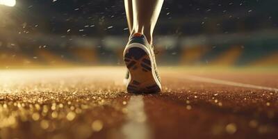 Runner feet running on a stadium, closeup on feet, sports background, space for copy, AI Generative photo