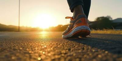 Close up on the shoe, Runner athlete feet running on the road under sunlight in the morning. AI Generative photo