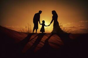 sombra de contento familia juntos, padres con su pequeño bebé a puesta de sol. un silueta de amor y unidad. ai generativo foto