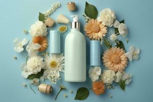 Fresh floral skincare concept. Top view flat lay of pump bottle, pipette, cream bottles, and tubes with flowers on pastel blue background with an empty circle for text or branding. AI Generative photo