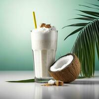 Coconut milk shake glass with fresh sliced coconut. Generative AI photo