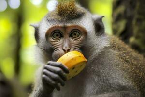 cerca arriba de mono comiendo Fruta en el selva. generativo ai foto