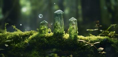 Crystals with moon phases image of moss in a mysterious forest, natural background. Generative AI photo