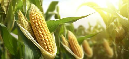 de cerca maíz mazorcas en maíz plantación campo. generativo ai foto