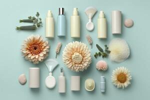 Fresh floral skincare concept. Top view flat lay of pump bottle, pipette, cream bottles, and tubes with flowers on pastel blue background with an empty circle for text or branding. AI Generative photo