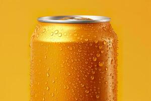 Can of fresh soda with water drops on orange background, closeup. Generative AI photo