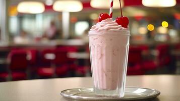 Cherry Milkshake in a Classic American Diner.  food photography concept. Generative AI photo