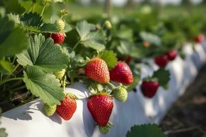 arbusto de maduro orgánico fresas en el jardín. baya de cerca. generativo ai foto