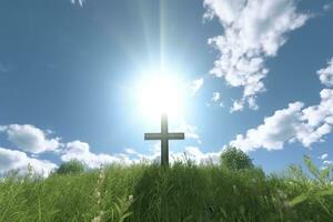 The cross of God with green Leaf, in the rays of the sun and blue sky. Cross on the hill with green trees and graeen natural view. Religious concept, AI Generative photo