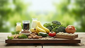 Closeup of vegetables, fruits, and meat on wooden table over green natural background. Generative AI photo