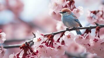 Birds sitting in a tree filled with cherry blossom flowers. Generative AI photo