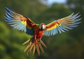 Flying macaw, beautiful bird. Generative AI photo