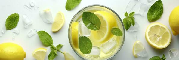 Lemonade in a glass with fresh lemons and mint. Cold summer drink with copy space. Generative AI photo