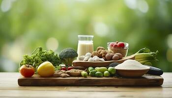 Closeup of vegetables, fruits, and meat on wooden table over green natural background. Generative AI photo