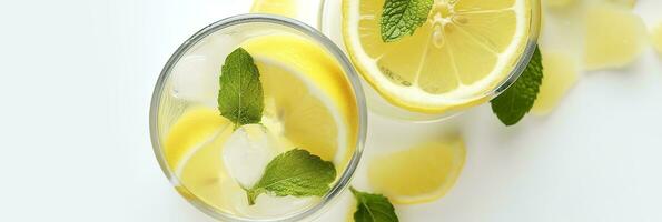 Lemonade in a glass with fresh lemons and mint. Cold summer drink with copy space. Generative AI photo