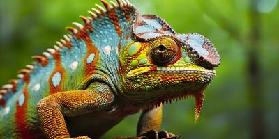 A colorful close up chameleon with a high crest on its head. Generative AI photo