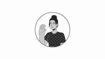 Top knot black girl saying hi bw outline 2D avatar animation. African american woman positive greeting monochrome linear cartoon 4K video, alpha channel. Stop, no hand animated portrait isolated video