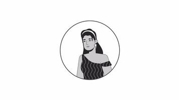 Handsome hispanic lady in 70s inspired clothes bw outline 2D avatar animation. Stylish latina woman posing monochrome linear cartoon 4K video, alpha channel. Relaxed animated portrait isolated video