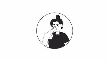 Top knot bun latina woman stroking chin black and white 2D avatar animation. Hispanic girl thinking hard outline cartoon 4K video, alpha channel. Choice making. Hand gesture animated portrait isolated video