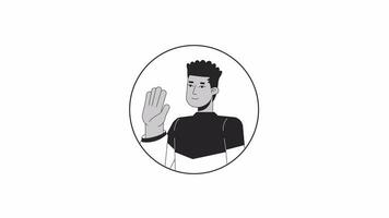 African american guy waving happy bw outline 2D avatar animation. Male black student saying hello monochrome linear cartoon 4K video, alpha channel. Greeting. Body language animated portrait isolated video
