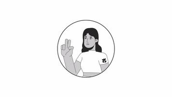 Latina young adult with two fingers up bw outline 2D avatar animation. Hispanic lady selfie taking monochrome linear cartoon 4K video, alpha channel. Nonverbal communication animated portrait isolated video