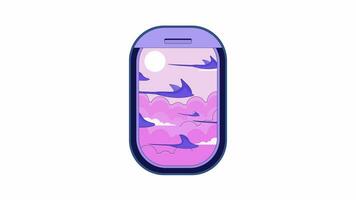 Aircraft window with flying ray fish in sky line 2D object animation. Aeroplane window flat color cartoon 4K video, alpha channel. Fenster flugzeug above clouds animated item on white background video