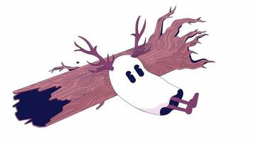 deprimerad suck spöke liggande på träd trunk linje tecknad serie animation. melankoli ledsen anda med älg horn 4k video rörelse grafisk. halloween 2d linjär animerad karaktär isolerat på vit bakgrund