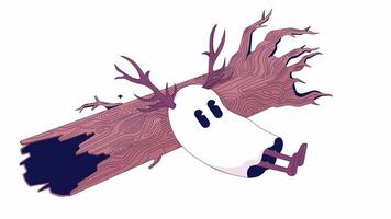 deprimiert Seufzen Geist Lügen auf Baum Kofferraum Linie Karikatur Animation. Melancholie traurig Geist mit Elch Geweih 4k Video Bewegung Grafik. Halloween 2d linear animiert Charakter isoliert auf Weiß Hintergrund