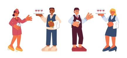 Flight attendant server cartoon flat illustration set. Waiter waitress, stewardess steward 2D characters isolated on white background. Hospitality staff scene vector color image collection