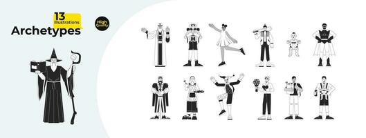 Character archetypes black and white cartoon flat illustration bundle. Archetypal 2D lineart characters isolated. Collective unconscious behavior, experience monochrome vector outline image collection