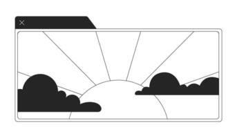 Application window sunrise morning black and white 2D line cartoon object. Sunrays clouds player video isolated vector outline item. Golden hour sky media stream monochromatic flat spot illustration