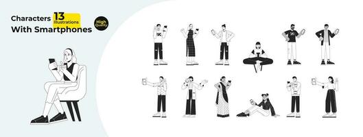 Multicultural people with mobile phones black and white cartoon flat illustration bundle. Cellphone using 2D lineart characters isolated. Holding smartphones monochrome vector outline image collection